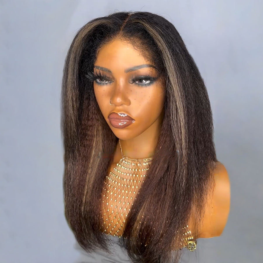 Perruque Lace Front Wig Kinky Straight Kinky Edges à reflets