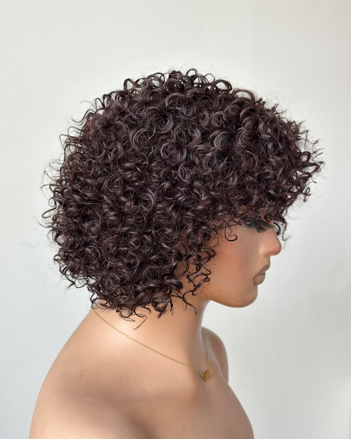 Perruque bouclée brune coupe pixie bob 100% cheveux humains