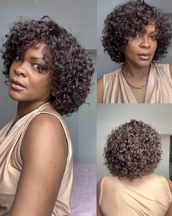 Perruque courte bouclée tendance avec frange sans colle 100 % cheveux humains