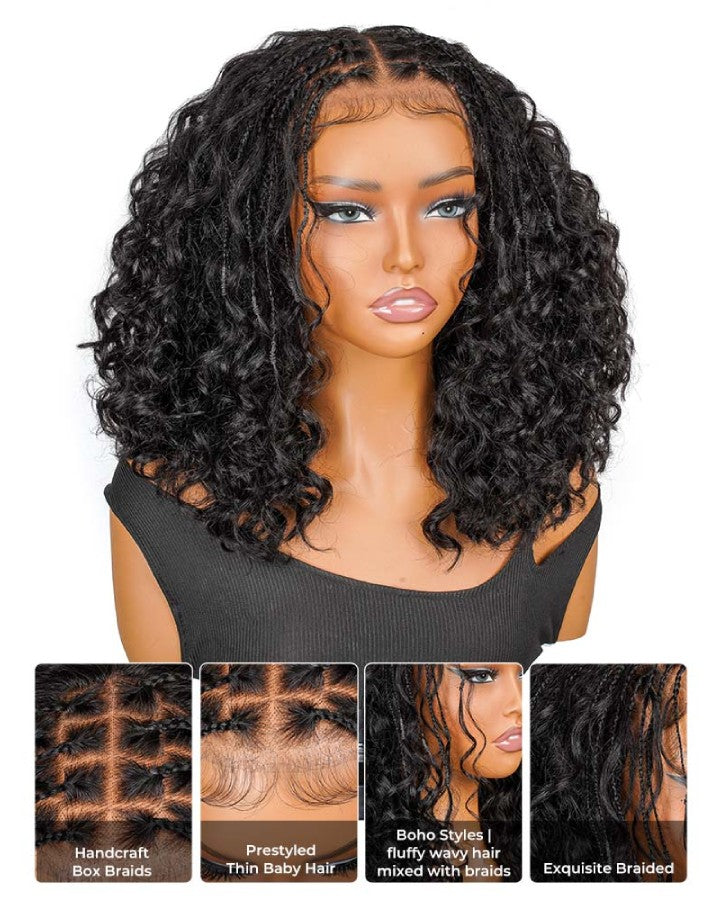 Perruque Bob tressée style bohème bouclée sans nœuds et dentelle intégrale