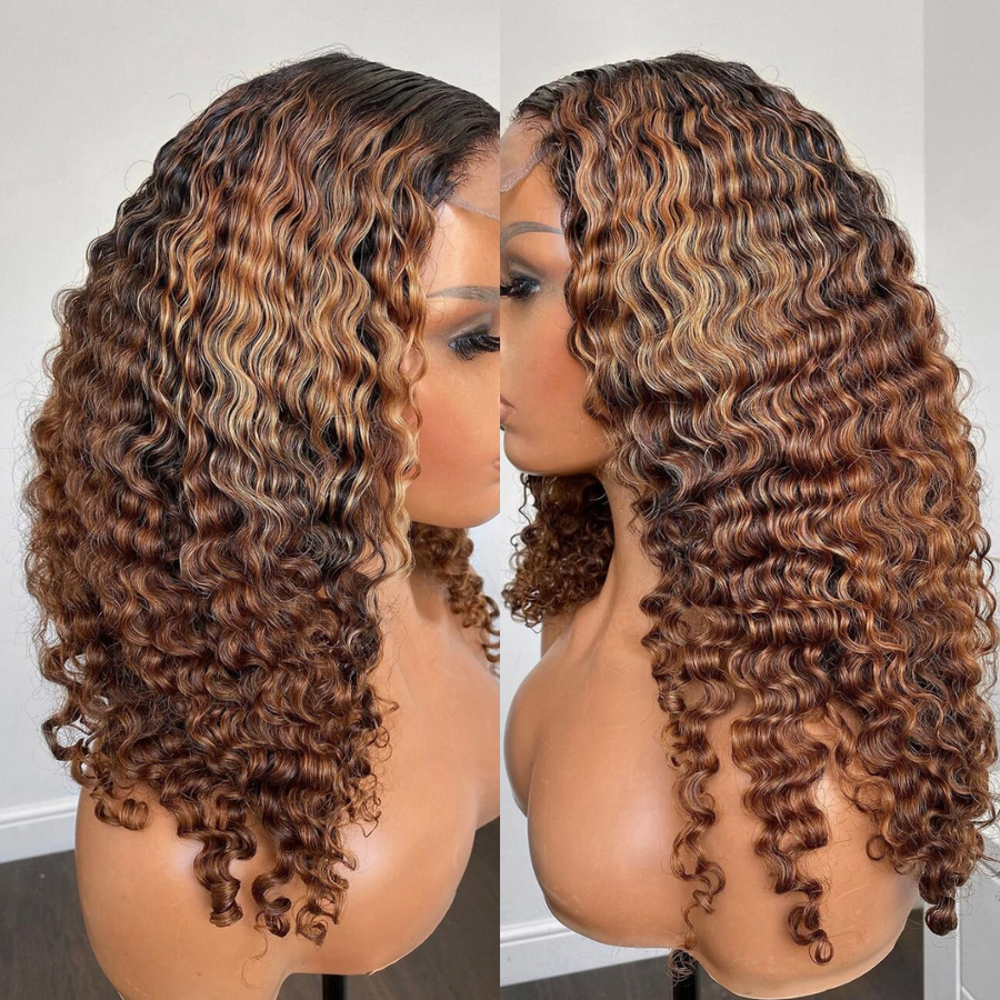 Perruque Ombre Marron avec Mèches Blondes, Boucles 3B, Fermeture 4x4