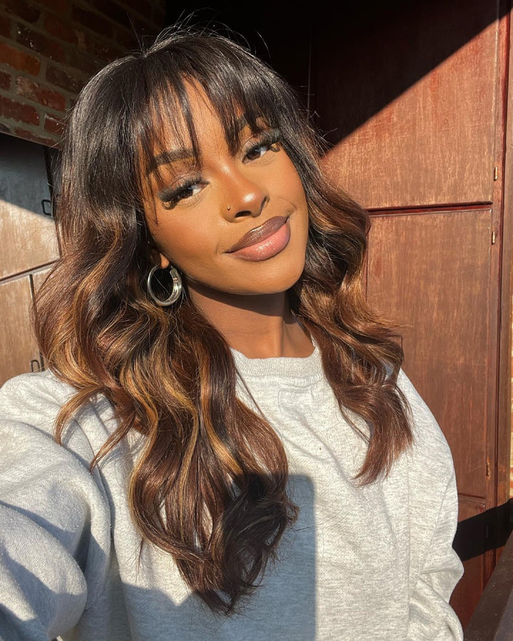 Perruque Lace Closure Wig 5x5 à reflets brun ombré avec frange