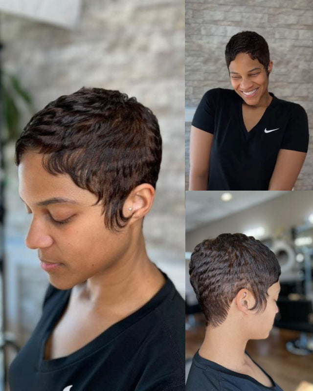 Perruque courte pixie avec raie sur le côté et dentelle intégrale