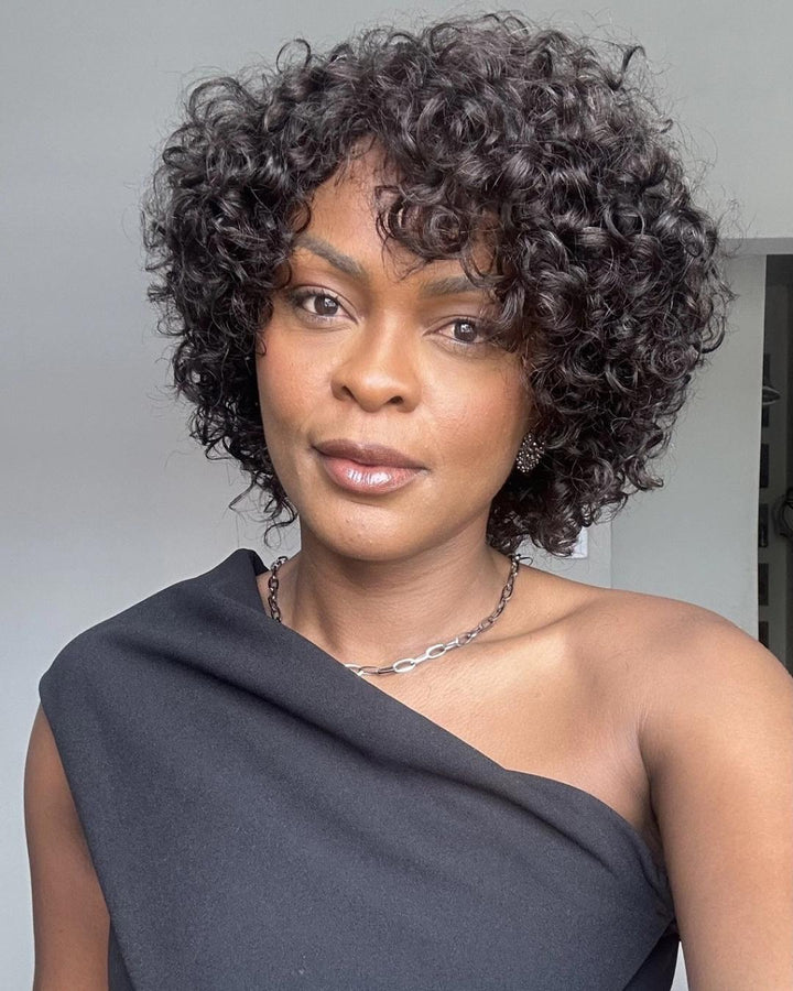 Perruque courte bouclée tendance avec frange sans colle 100 % cheveux humains