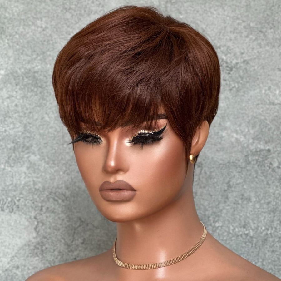 Perruque de cheveux humains coupe Pixie brune avec frange