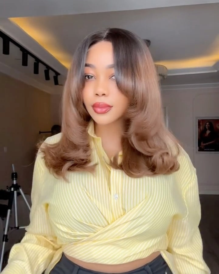 Perruque avec frange dégradée papillon marron ombré et fermeture en dentelle 5x5