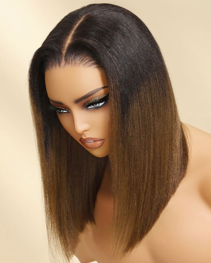 Perruque en dentelle prédécoupée Yaki lisse 5x5 couleur châtain ombré