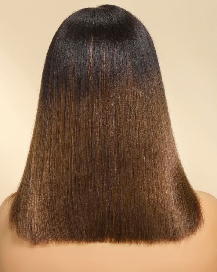 Perruque en dentelle prédécoupée Yaki lisse 5x5 couleur châtain ombré