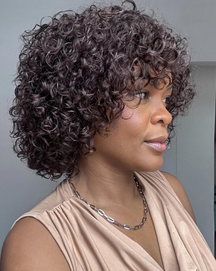 Perruque courte bouclée tendance avec frange sans colle 100 % cheveux humains