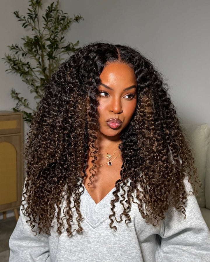 Perruque bouclée ombrée châtain avec fermeture en dentelle 5x5