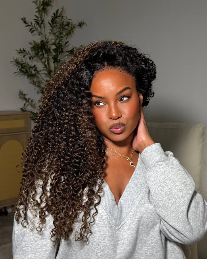 Perruque bouclée ombrée châtain avec fermeture en dentelle 5x5